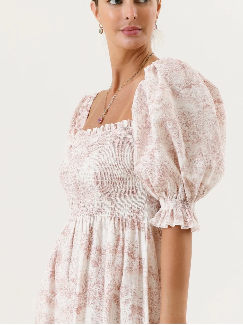 Smocked Square-Neck Puff Sleeve Midi Dress in Blush